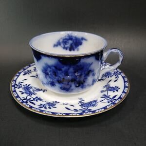 Antique Flow Blue Floral Cup and Saucer Set Brugge England WAA & C ?Mismatched?